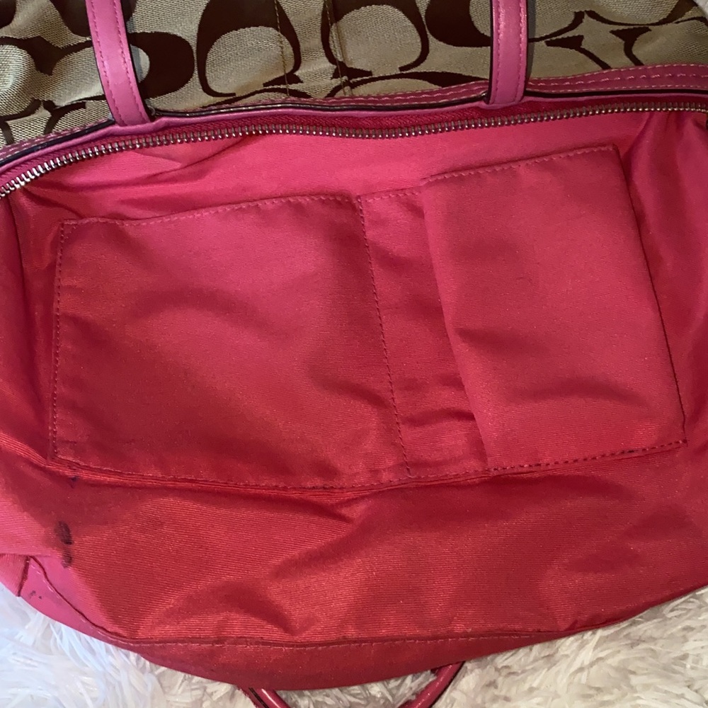 Coach Signature Stripe Tote Khaki & Pink - Picture 3 of 10
